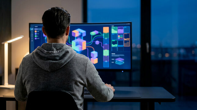 Back view photo of developer using modern remote work productivity tools while coding software engineering diagrams on curved monitor in dark home studio