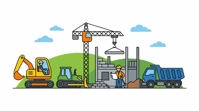 Construction scene with vehicles workers and buildings