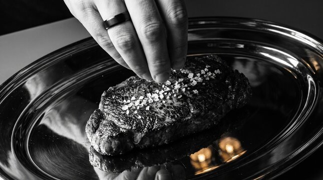 Gourmet croissant on a silver platter, a chef's hand delicately sprinkling sea salt, high-contrast black and white food photography with warm golden reflections