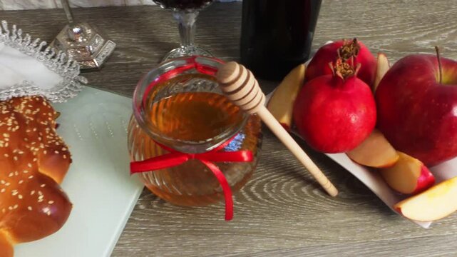 Rosh hashanah table setting with honey and apple
