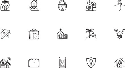 Real Estate & Properties icon set featuring secure home ownership rural barns for sale classic churches and tropical beach houses outline vector graphic © Mr. Akash