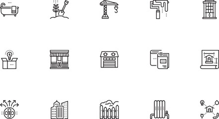 Construction & Retail Buildings icon set detailing property development featuring heavy lifting cranes digging shovels paint rollers and retail shops outline © Mr. Akash