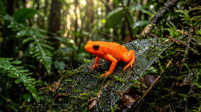 Orange Poison Dart Frog on Mossy Branch in Tropical Rainforest, Vivid Wildlife Close-Up