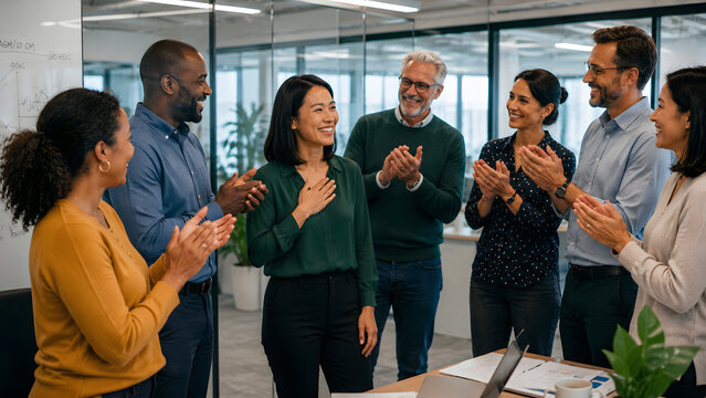 Diverse team giving standing ovation for achievement