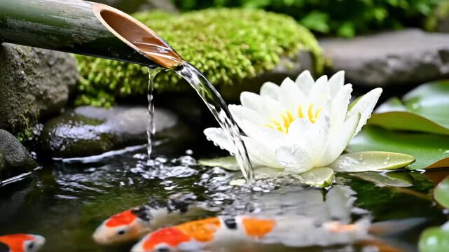 Water flows from a green bamboo pipe onto a blooming white water lily in a serene garden pond. Featuring moss-covered rocks, clear water ripples, and lush green foliage background.