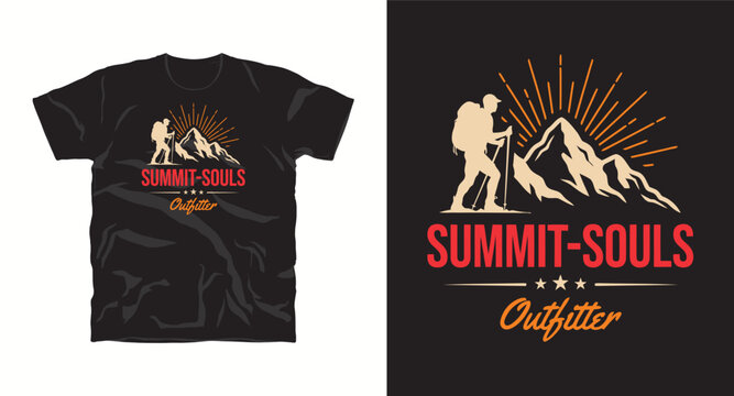 summit souls outfitter t-shirt design with hiker trekking mountain and sun rays.