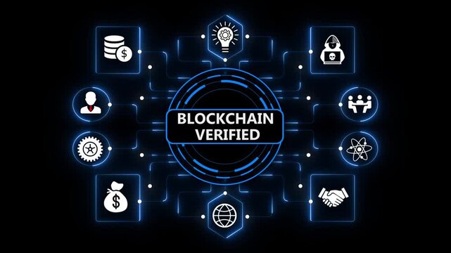 Blockchain Verification Platform Featuring Secure Digital Networks and Intelligent Data Protection on Dark Blue Background