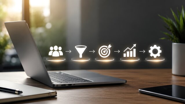 Business sales funnel conversion strategy showing digital workflow icons over modern laptop for marketing optimization