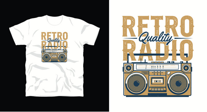 Retro style boombox radio illustration with vintage typography for musical and nostalgic apparel designs.