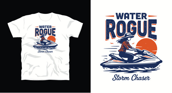 Retro style t-shirt illustration featuring woman on jet ski with sunset and birds, water rogue storm chaser graphic.