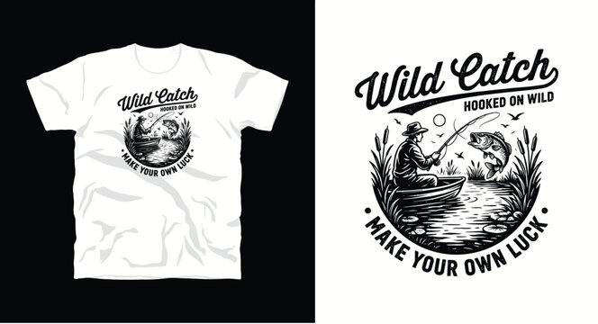 Fishing t-shirt design featuring fisherman in boat catching bass, wild catch hooked on wild luck graphic.