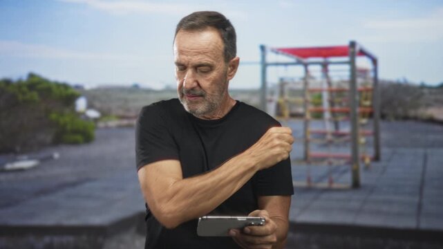 Man holding smartphone, scratching head with one hand while checking the screen on a building rooftop playground; confusion.