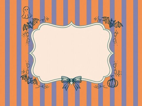 Halloween invitation, vertical stripe background in orange and purple, a hand-drawn pumpkin, ghost, bat, bow

