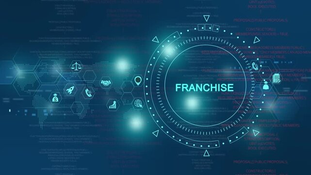 Franchise business concept hud interface with digital map and data analytics technology motion