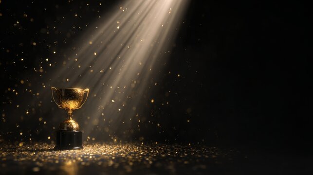Luxury Award Cup Glowing Under Dramatic Light and Golden Particles