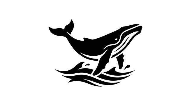 Black whale jumping from water, stylized silhouette, marine mammal, ocean life