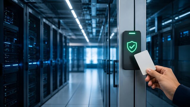 Enterprise data center physical security access control showing hand using smart keycard reader with glowing shield icon