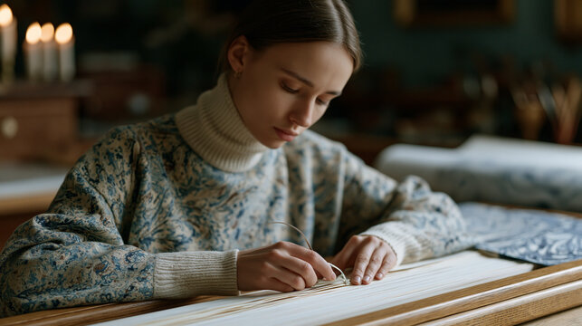 Bookbinding handmade craft process in action, a young Czech woman sewing folded paper signatures together with a curved needle on a wooden sewing frame, paste-marbled endpapers