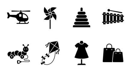 Obraz premium Children's Toy Icons Set: Helicopter, Pinwheel, Stacker, Xylophone, Toy Worm, Kite, Dress Form, Shopping Bags