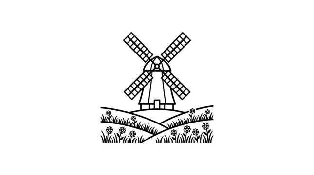 A simple black and white line art illustration of a traditional Dutch windmill set in a grassy field with flowers.