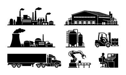 Obraz premium Industrial Factory Icons Set, Manufacturing Plant & Logistics Vector Graphics