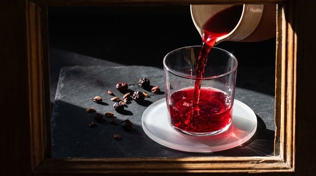 Rich red hibiscus tea pouring into a clear glass, a vibrant herbal infusion for health and wellness, showcasing a dark, moody aesthetic with dried hibiscus flowers.