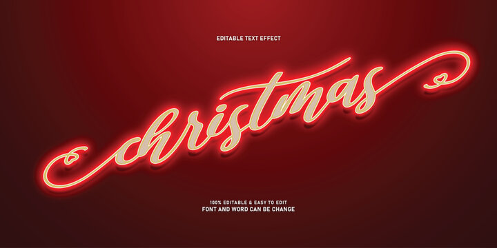 Red neon Christmas glow script editable text effect vector