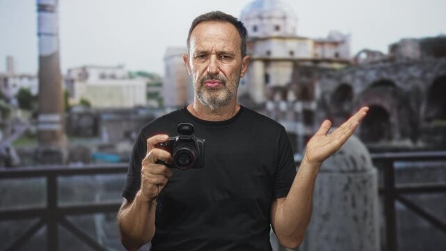 Man holds camera and raises right palm in shrug with puzzled squint in front of ancient building; travel confusion.