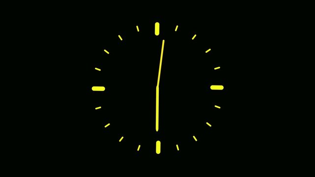 Minimalist yellow clock animation with rapidly moving hands on a black background for time lapse concepts and motion graphics projects with alpha channel compatibility
