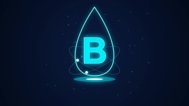 Glowing Blue B Drop Atom Icon Animation. A futuristic 3D motion graphic showing a neon drop with orbiting electrons on a dark background. Perfect for scientific or chemical research concepts.