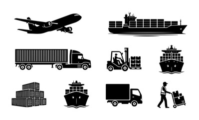 Fototapeta premium Logistics Icons: Cargo Ship, Airplane, Truck, Forklift, Delivery Man, Shipping Containers