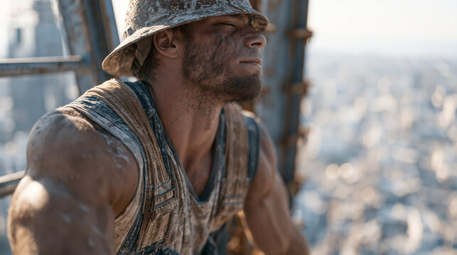 Broad-shouldered crane operator climbing a vertical steel ladder forty stories above a morning construction site, hard hat tilted back as he surveys the steel skeleton of a rising