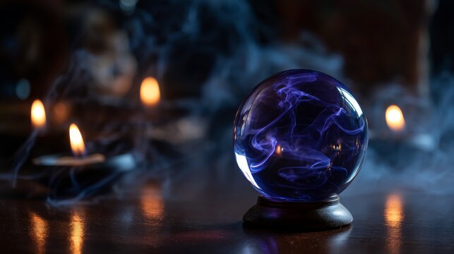 Fantasy Blue Orb Glowing with Arcane Energy in Dark Interior