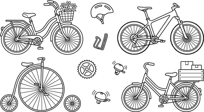 Bicycle Line Icon Set with Mountain Bike, City Cruiser, Cargo Cycle, Vintage Penny Farthing, Helmet, Bell, and Spare Parts Vectors for Cycling Design