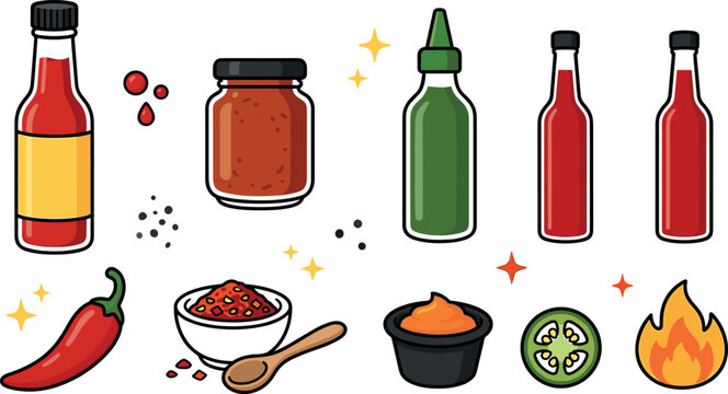 Hot Sauce and Chili Vector Icon Set with Spicy Sriracha Bottle, Red Jalapeno Pepper, Paste Jar, Dipping Bowls, and Flame Symbols for Menu Design