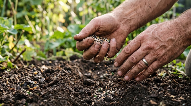 Close-up of Gardener Hands Scattering Seeds into Soil for Organic Farming, Sustainable Agriculture, Spring Planting Activity and Homegrown Produce