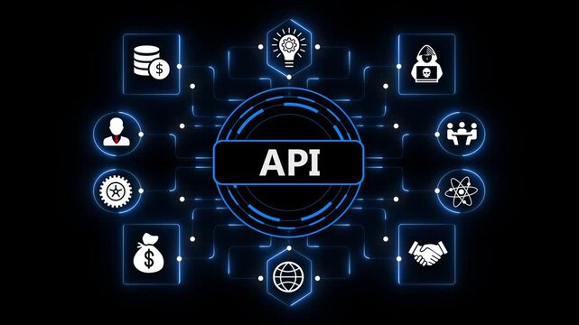 API Technology Dashboard Featuring Intelligent Digital Integration and Connected Enterprise Systems on Dark Blue Background