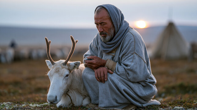 A Sami reindeer herder crouches on mossy tundra at the end of summer marking season, ear tag applicator in hand, an antlered reindeer calmly restrained, surrounding herd barely