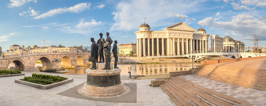 Panoramic View of the Stone Bridge, Vardar River and Archaeological Museum - Skopje, North Macedonia