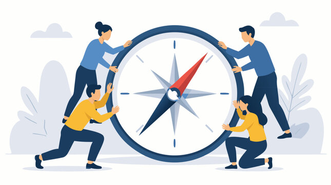 Faceless team turning a giant compass dial together to realign company direction, strategic planning, leadership alignment, collaboration and business navigation flat vector illustration