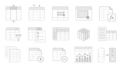 Fototapeta premium Spreadsheet operations line icon set with sortable columns, pivot cube grids, formula cells, filters, charts and add remove sheets, editable stroke vector for data analytics tools dashboards