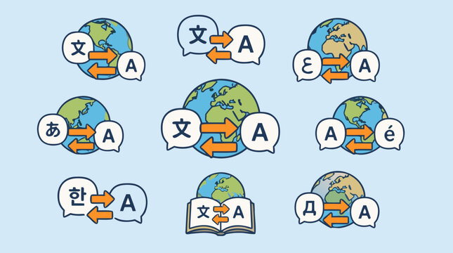 Colorful multilingual translation icon set with globe chat bubbles, language characters, swap arrows and dictionary book, editable outline vector for localization apps and global communication