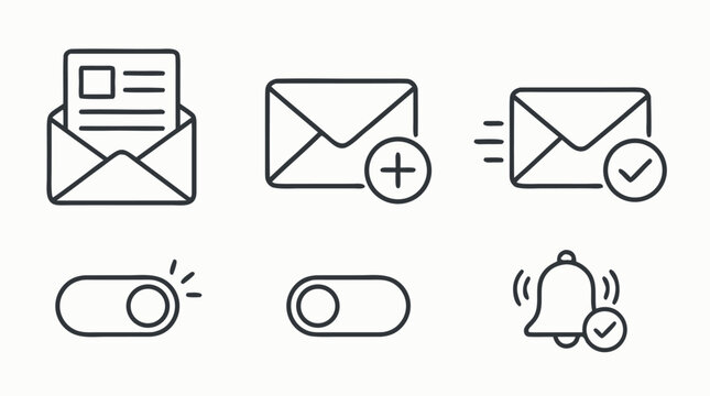 Editable newsletter subscription line icon set featuring open envelope, add email, sent message, opt-in toggle switches and alert bell with checkmark for marketing automation interfaces