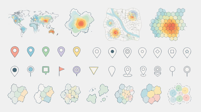 Geographic data vector icon set with heat maps, colored location pins, region clusters, hex grid analysis and map markers in editable outline style for GIS dashboards and spatial analytics projects