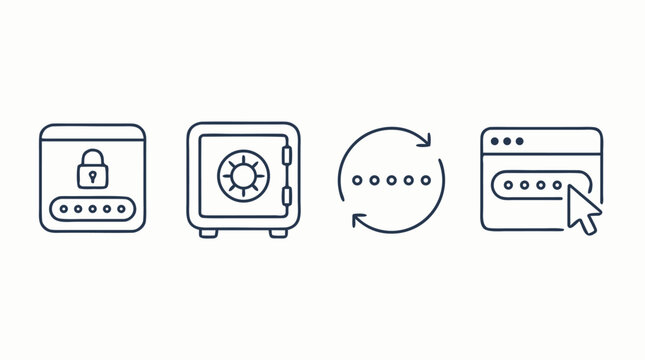 Minimalist line icon set for password manager security, encrypted vault, credential generator, sync refresh and autofill login interface with editable stroke vector styling for digital privacy