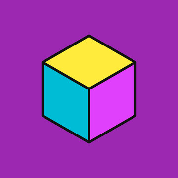 Vibrant isometric cube with yellow cyan and magenta faces centered on a solid purple illustration