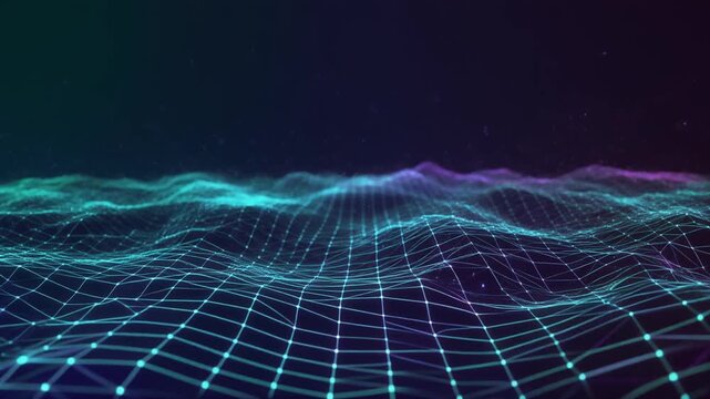 Abstract glowing contour landscape of flowing elevation lines in navy, teal and violet gradients with floating particles, creating a premium AI analytics technology background with copy space.
