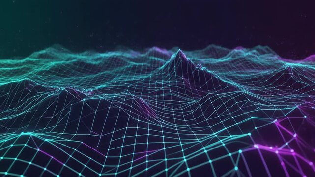 Abstract glowing contour landscape of flowing elevation lines in navy, teal and violet gradients with floating particles, creating a premium AI analytics technology background with copy space.