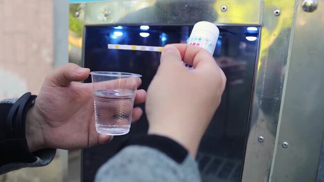 Man checking water quality at a public vending machine using a test strip. Analysis of purified drinking water in a plastic cup. Safety, pH, and hardness control of urban water supply.