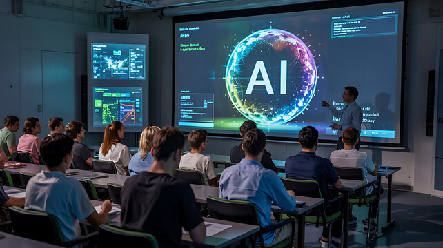 AI Education: A teacher points to a large screen displaying AI within a glowing sphere, as students in a classroom watch attentively, immersed in a lesson about artificial intelligence.